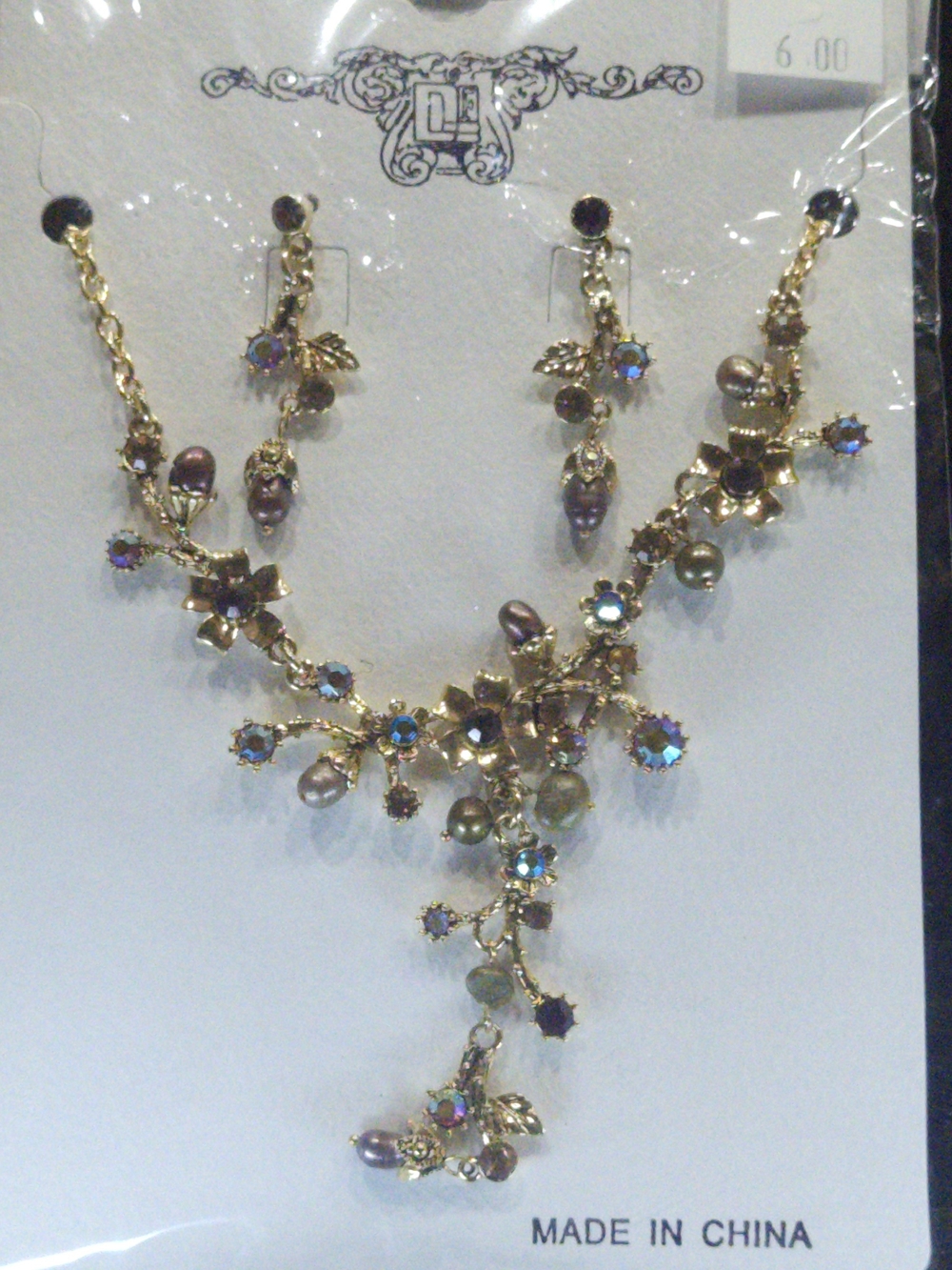 Vintage Style DL Logo Purple Bronze Floral Vine Pearl Necklace Earring Set